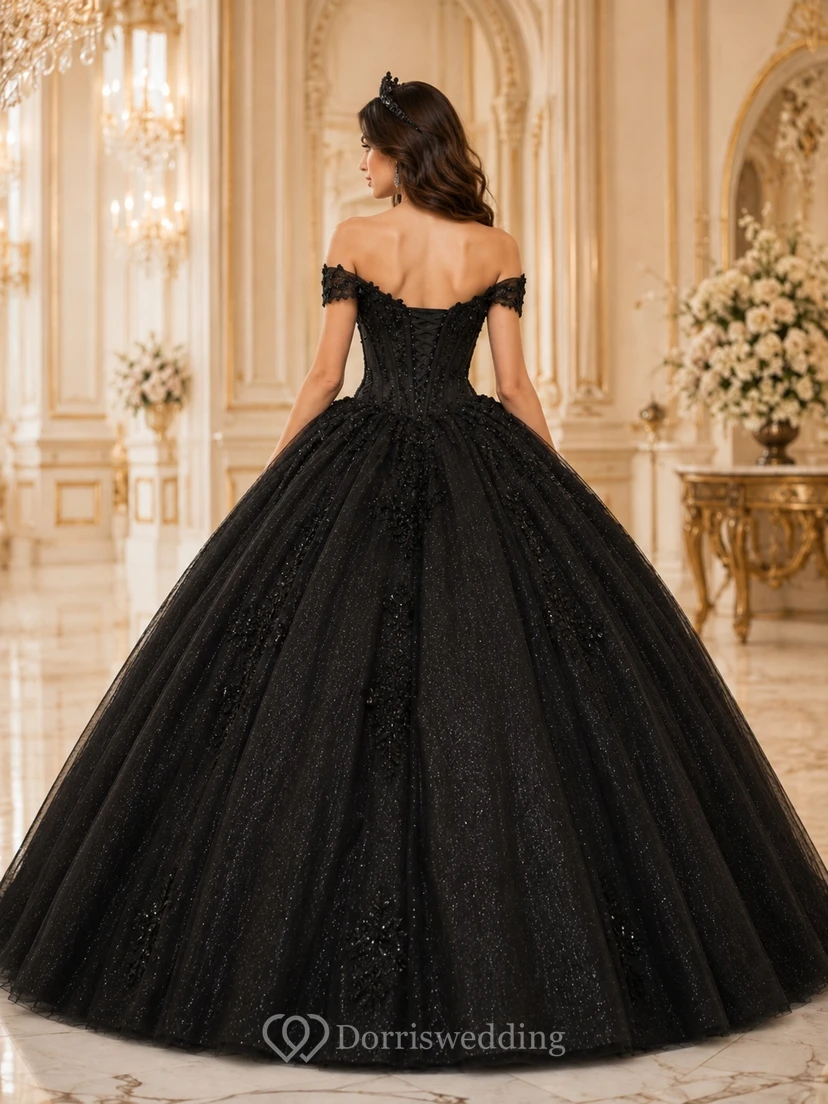 Black Quinceanera Regal Ball Gown Off-the-shoulder Lace Short Sleeve Floor-length Romantic Dress view 2