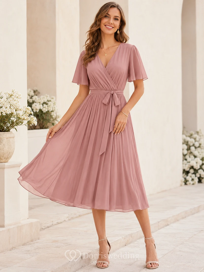 Vestido de invitada de corte A, largo midi, largo midi, con escote en V, mangas cortas, falda de gasa con pétalos plisados, fajín/cinta, color rosa empolvado.