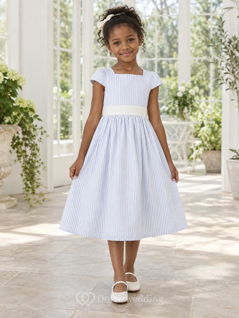 Modest Square Neck Blue White Striped Tea-length Cap Sleeve Broad Sash Flower Girl Dress view 2