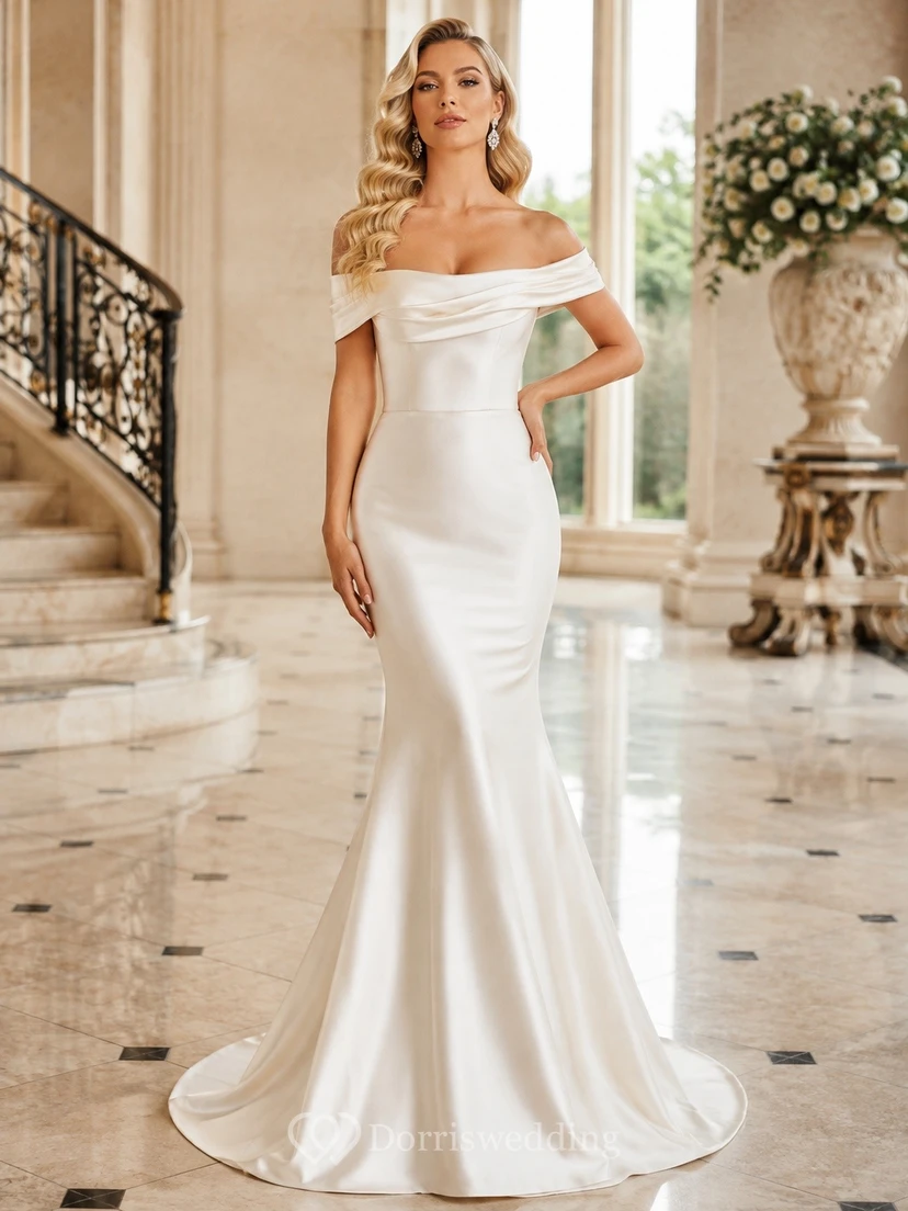 Robe de soirée élégante sirène en satin à épaules dénudées et longueur au sol