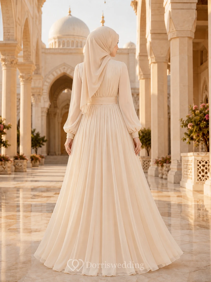 Vestido de novia musulmán modesto de gasa plisada de corte A con cuello alto view 2