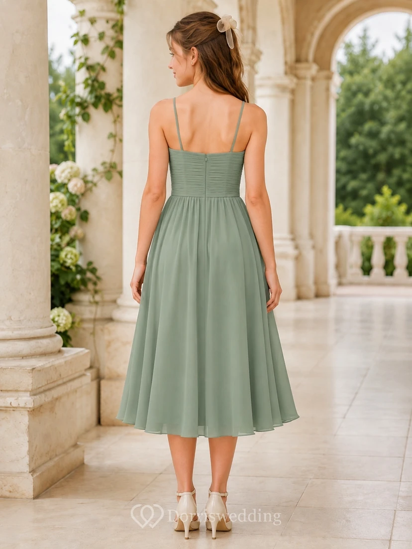 Celadonfarbenes Brautjungfernkleid für junge Damen, A-Linie, Spaghettiträger, ärmellos, plissiert view 2
