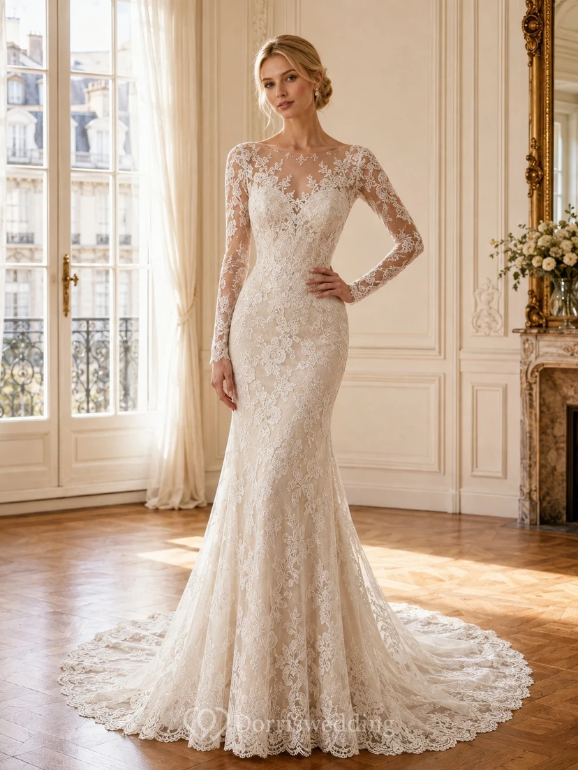 Elegantes, langärmeliges Meerjungfrauen-Brautkleid mit hohem Kragen, Spitze und Schleppe