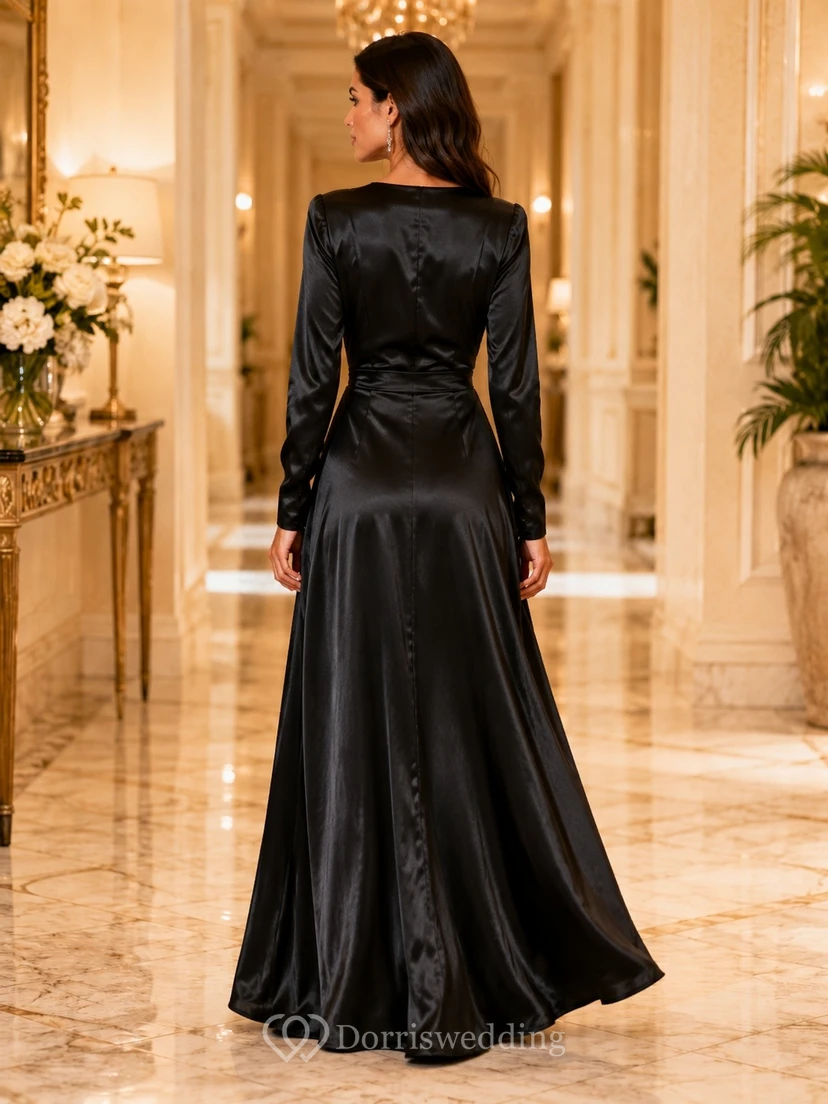 Black Satin V-Neck Long-Sleeve A-Line Sweep-Train Evening Dress view 2