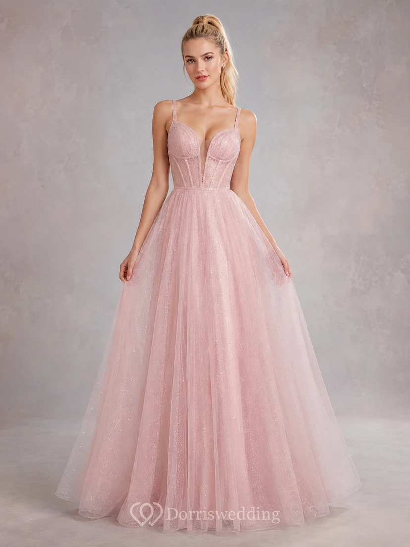Vestido de fiesta largo hasta el suelo, de corte A, sin tirantes, de tul y con corsé color rosa empolvado