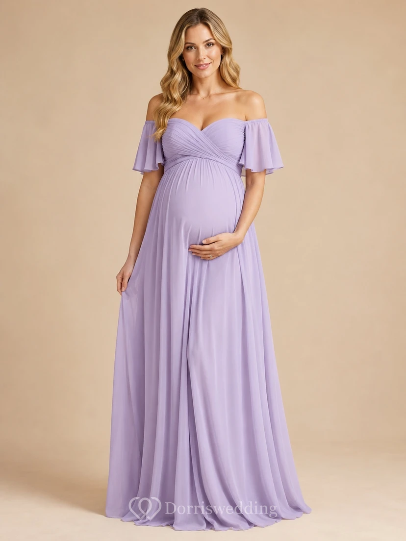 Lavender Maternity Off-Shoulder A-Line Floor-Length Short-Sleeve Chiffon Romantic Evening Gown