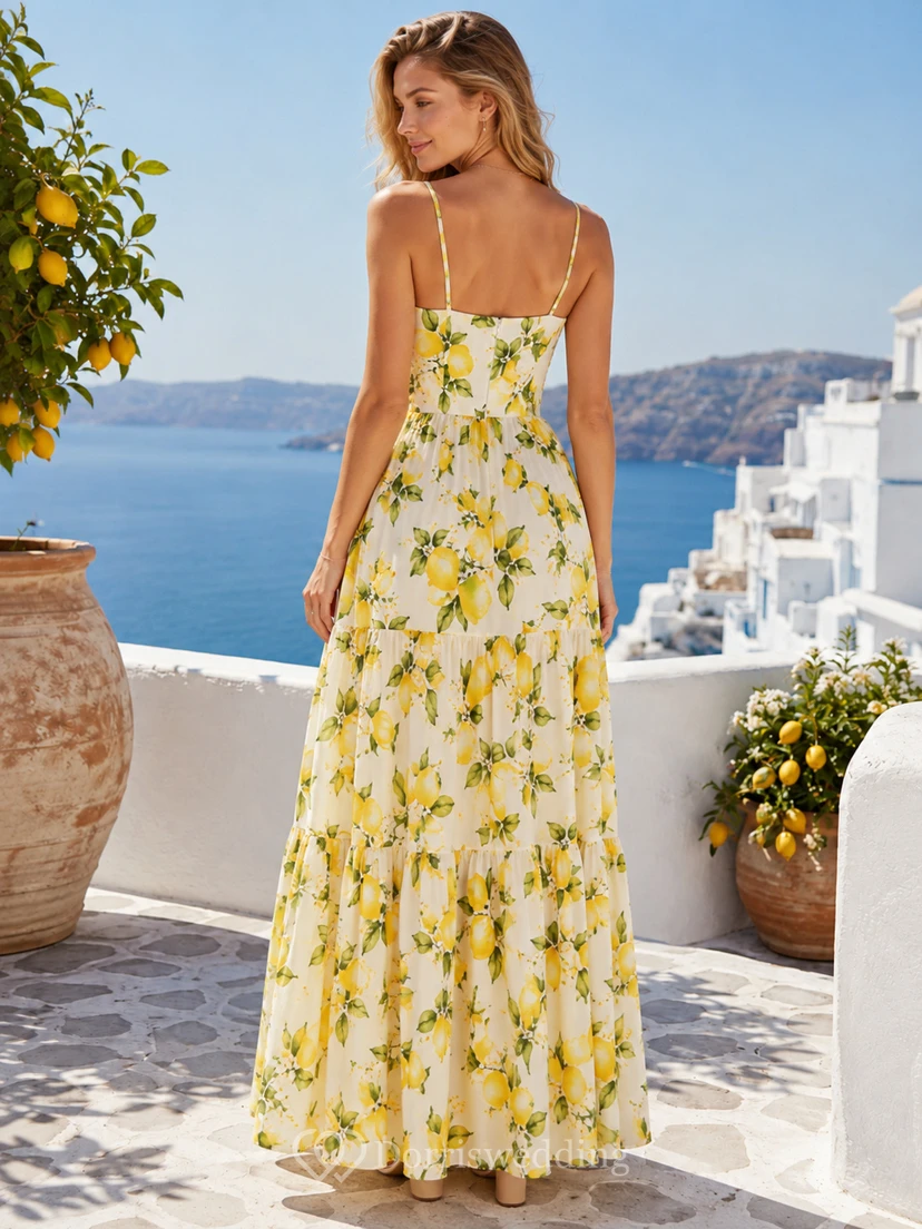 Lemon Print Spaghetti Strap Sweetheart Resort Maxi Dress view 2