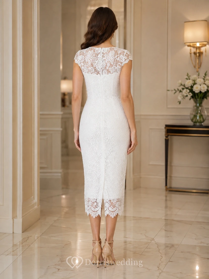White Lace Jewel Neck Cap Sleeve Sheath Tea-Length Vintage Cocktail Dress view 2