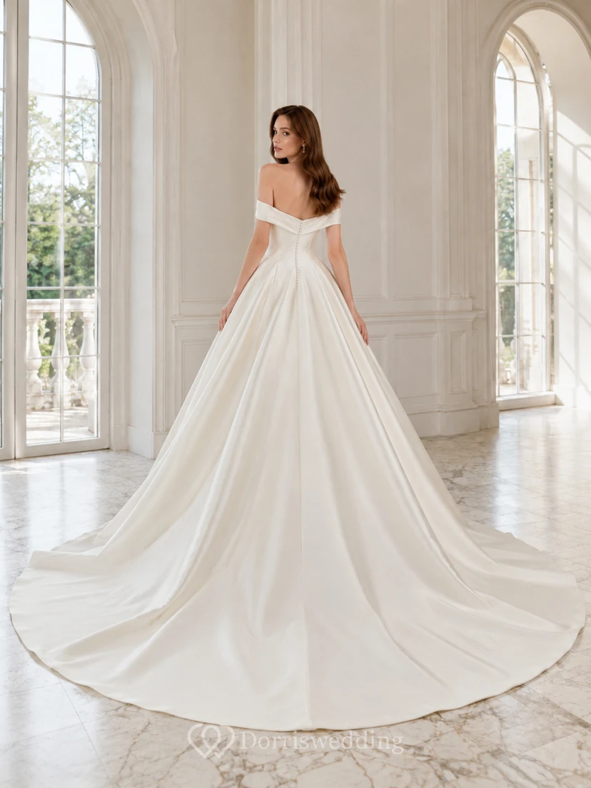 Robe de bal élégante en satin drapé à épaules dénudées et traîne chapelle view 2