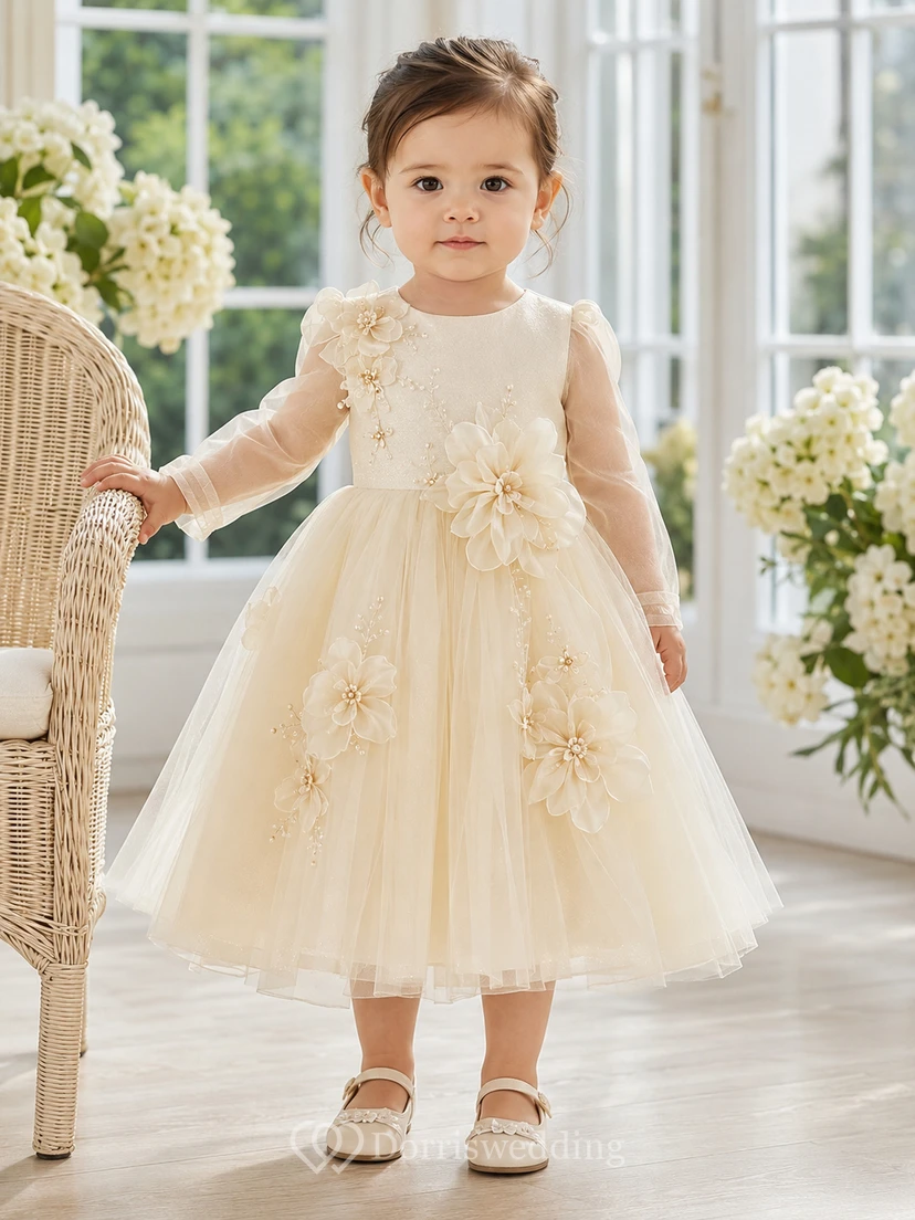 Champagnerfarbenes Taufkleid für Babys, A-Linie, Teelänge, Rundhalsausschnitt, lange Ärmel, Tüllspitze, 3D-Blumenapplikationen, Knopfleiste am Rücken