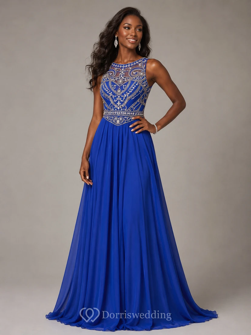Vestido largo de gasa sin mangas con escote joya estilo sirena view 5