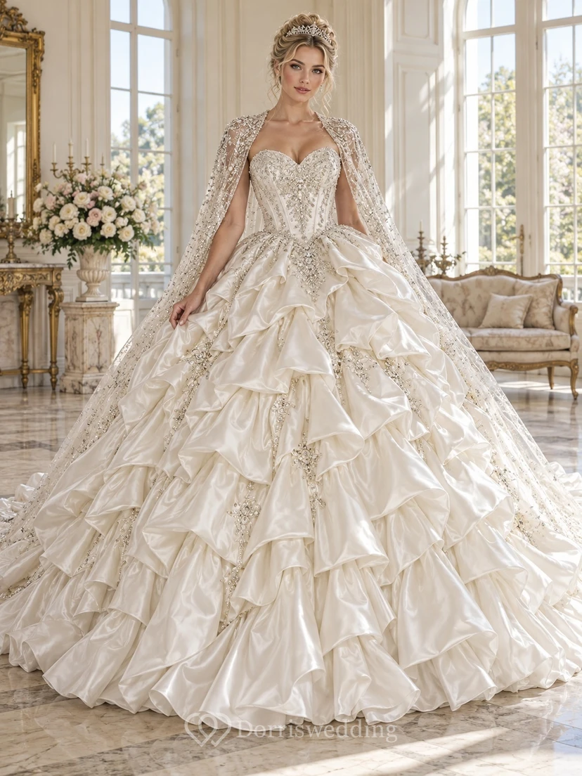 Vestido de novia palabra de honor con escote corazón, capa de cristal y cola de satén en cascada.