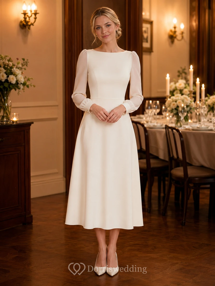 Robe de mariée midi trapèze à manches longues et col bateau discret