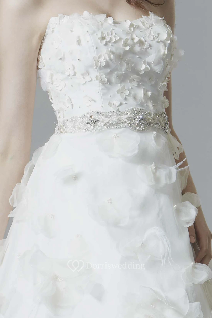 A-Line Sleeveless Floral Long Strapless Satin Wedding Dress With Low-V Back And Waist Jewellery view 3