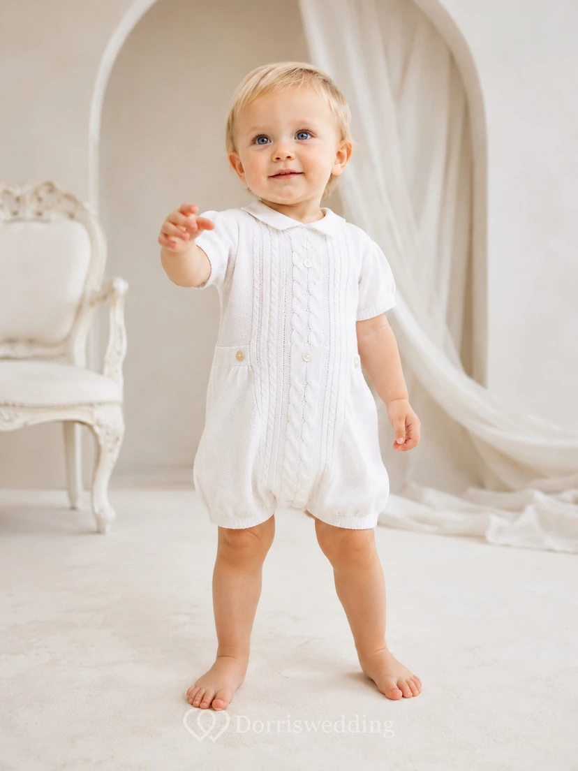 Pelele de manga corta con cuello de punto trenzado blanco para bautizo de bebé niño