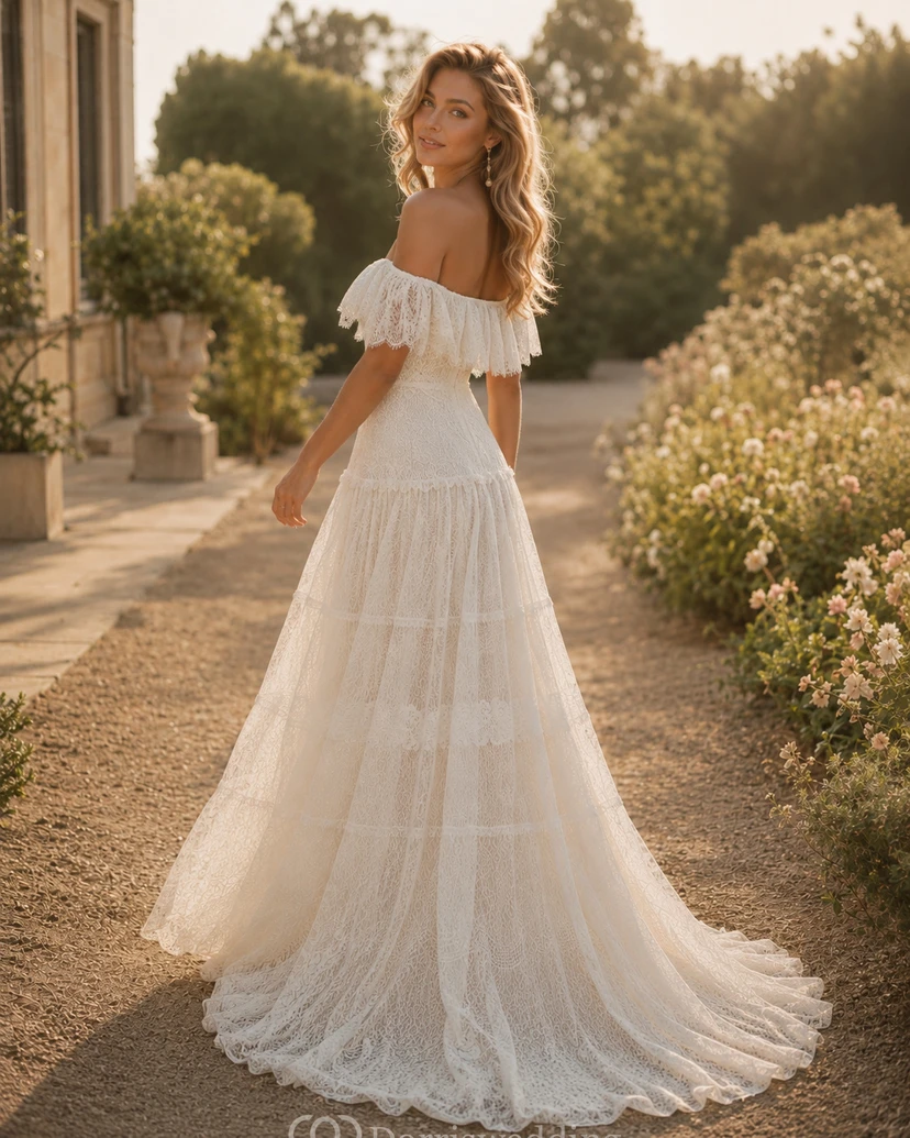 Boho Off-the-Shoulder Lace Vintage Wedding Dress with Layered Skirt view 6