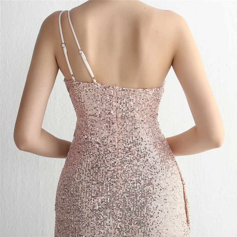 Sequined One-Shoulder Celebrity Cold Banquet Slit Long Sequin Aura Queen Dinner Fishtail Dress view 40