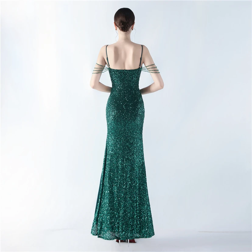 Robe de soirée sexy à bretelles et fente haute, ornée de perles et de perles artisanales. view 20