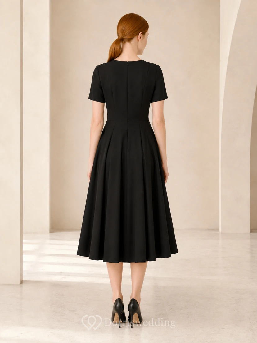 Schwarzes, kurzärmeliges, A-Linien-Kleid für Trauerfeiern view 2