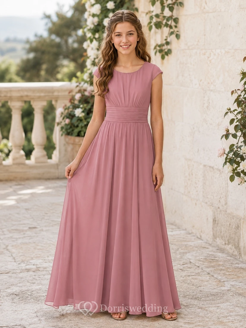 Vestido de dama de honor juvenil rosa empolvado, corte en A, camiseta de manga corta con detalles de joyas, plisado, romántico.