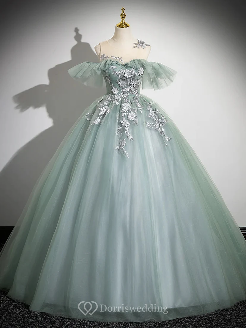 Robe de bal brodée vert clair à épaules dénudées view 11