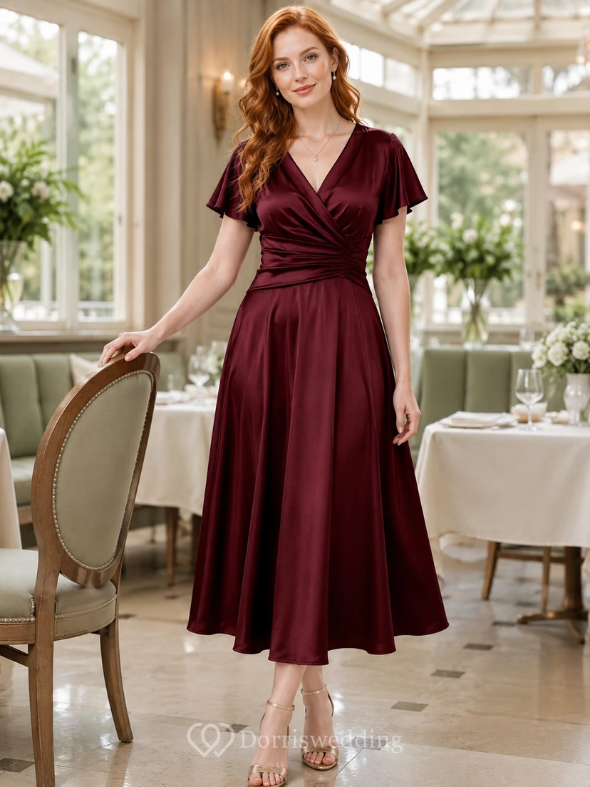 Burgunderfarbenes A-Linien-Midikleid aus Satin mit V-Ausschnitt, flatternden Ärmeln