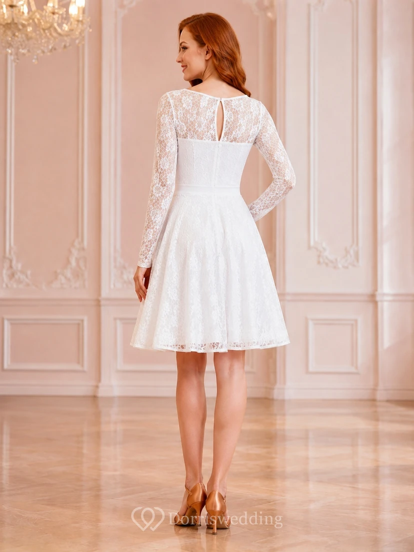 White Lace Jewel Neck Long Sleeve A-Line Short/Mini Romantic Modern Elegant Dance Cocktail Dress view 2