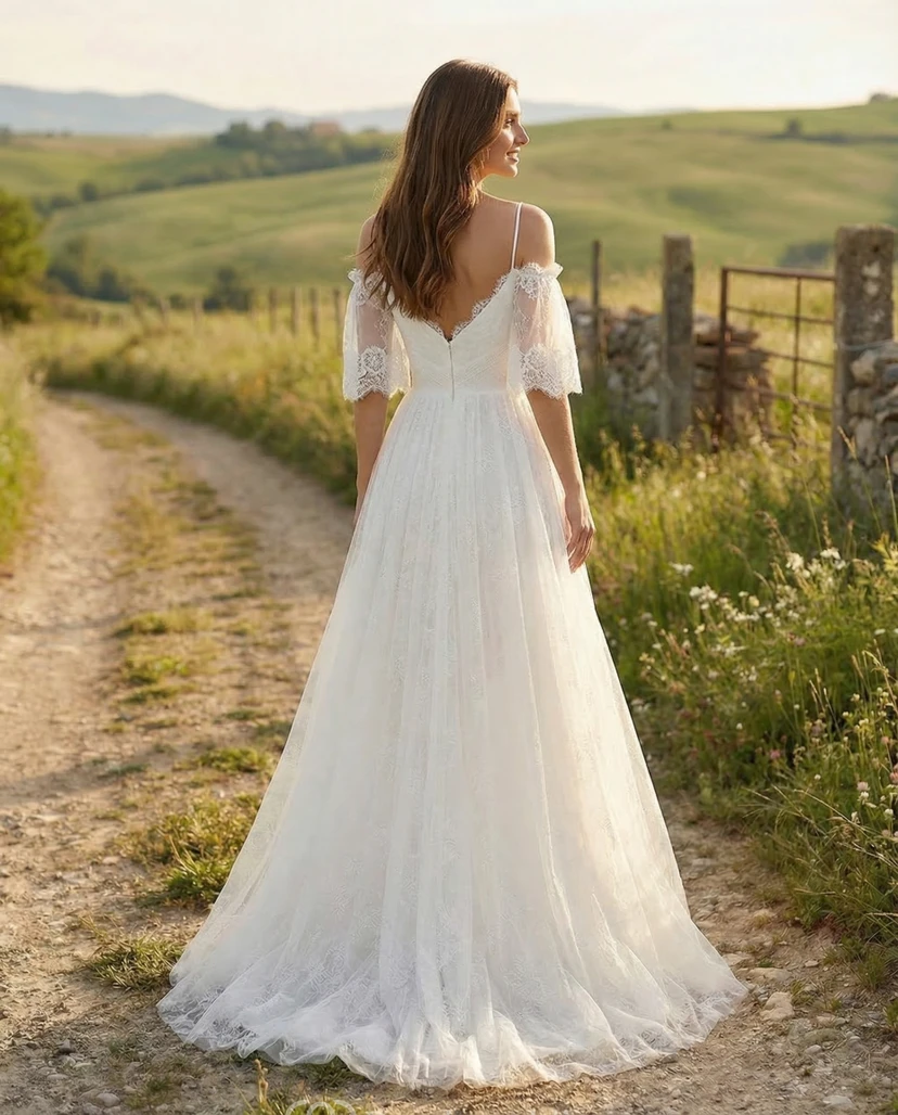 Off-the-Shoulder Lace Empire Wedding Gown view 2