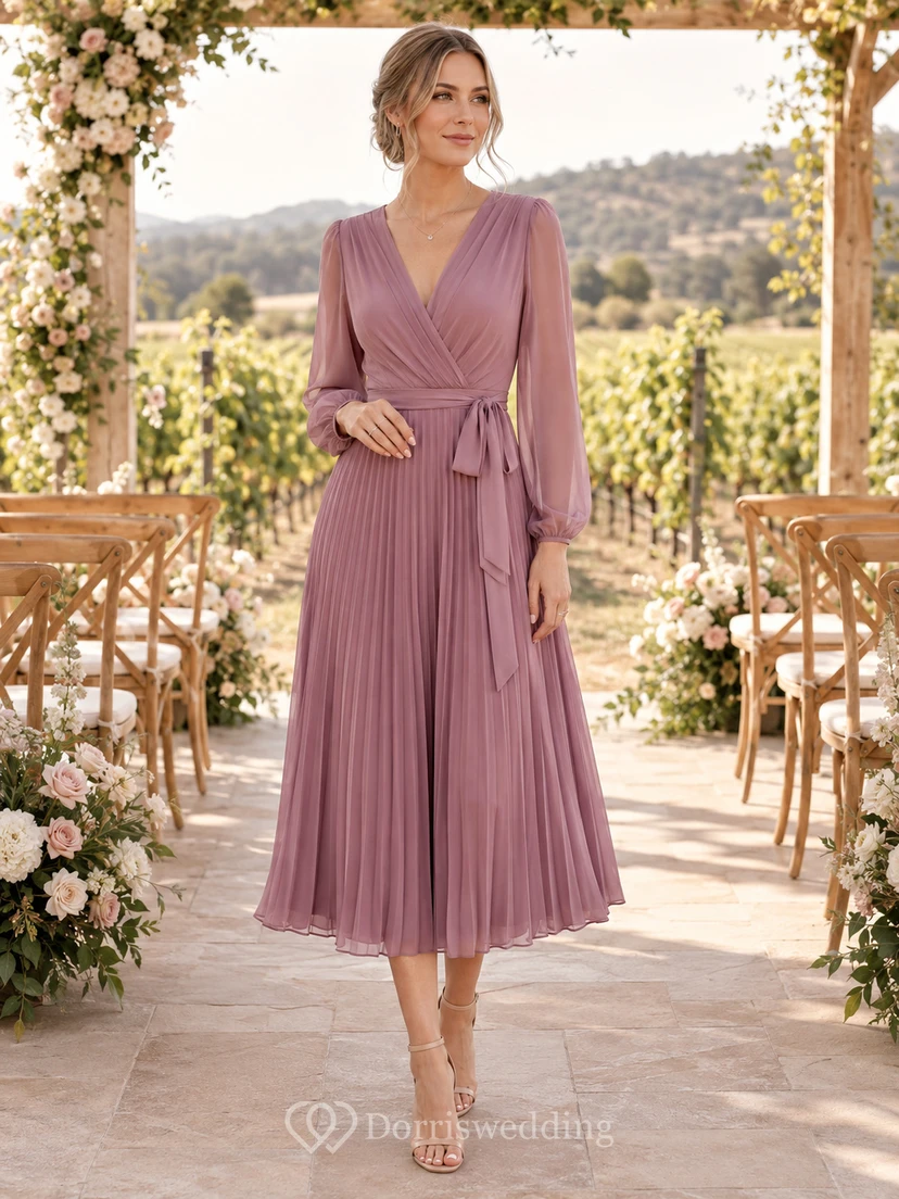 Vintage Mauve V Neck Poet Sleeve Pleated Guest Dress