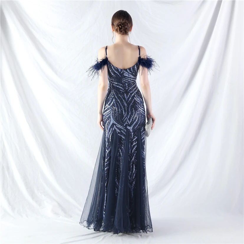 Crafted Ostrich Feather Stacked Sequins Splicing Mesh Gauze High-End Evening Dress Clothes view 46