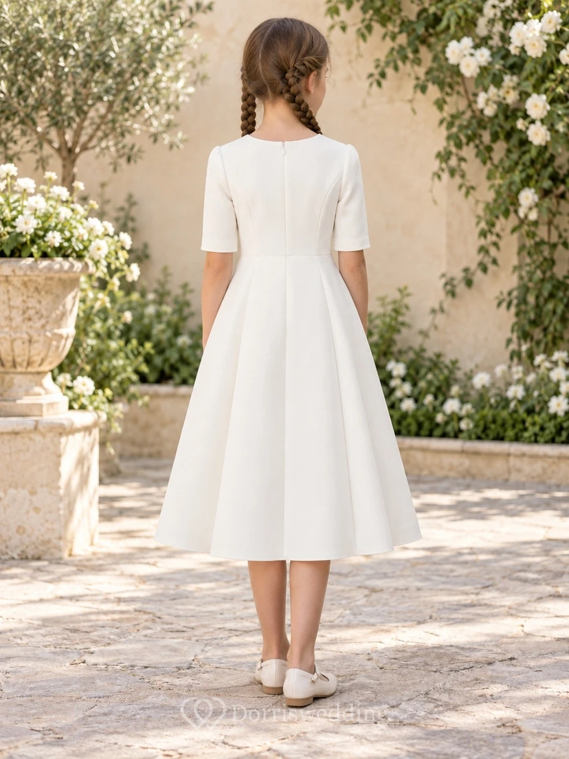 Modest Simple Tea-length Ivory Paneled Skirt Flower Girl Dress