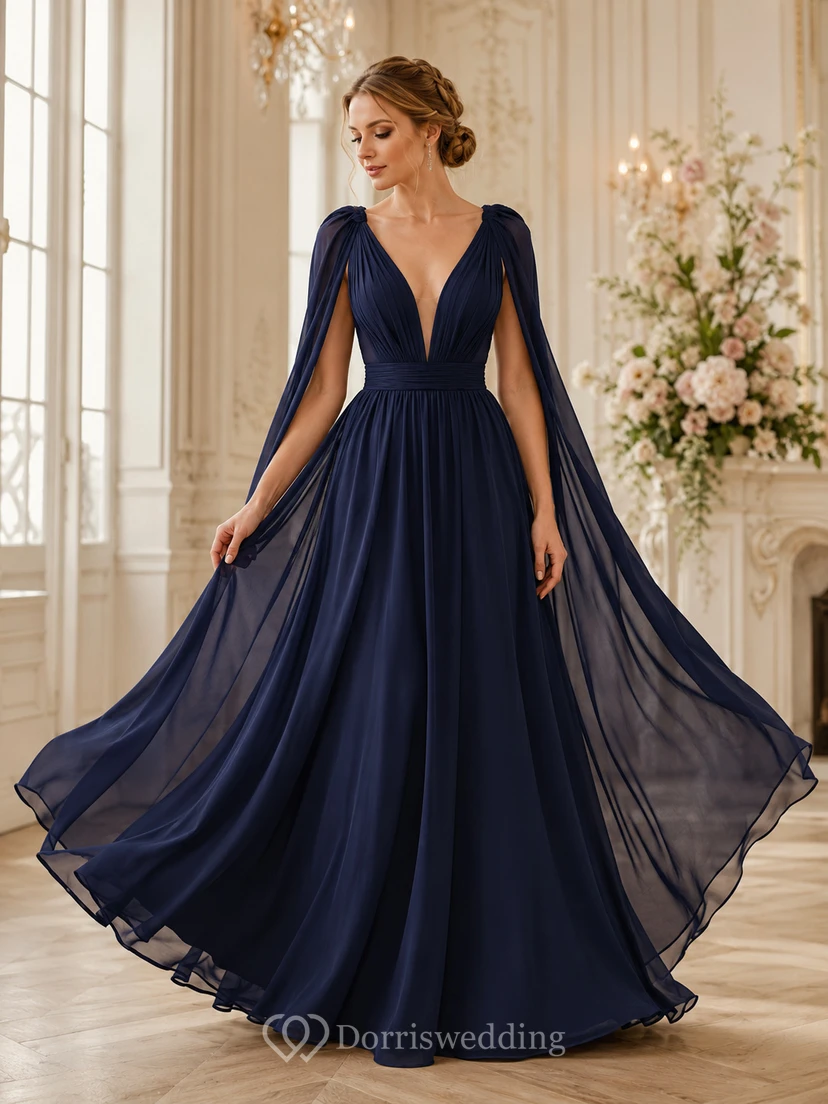 Vestido de gala largo de gasa azul marino oscuro con escote en V profundo y corte en A.