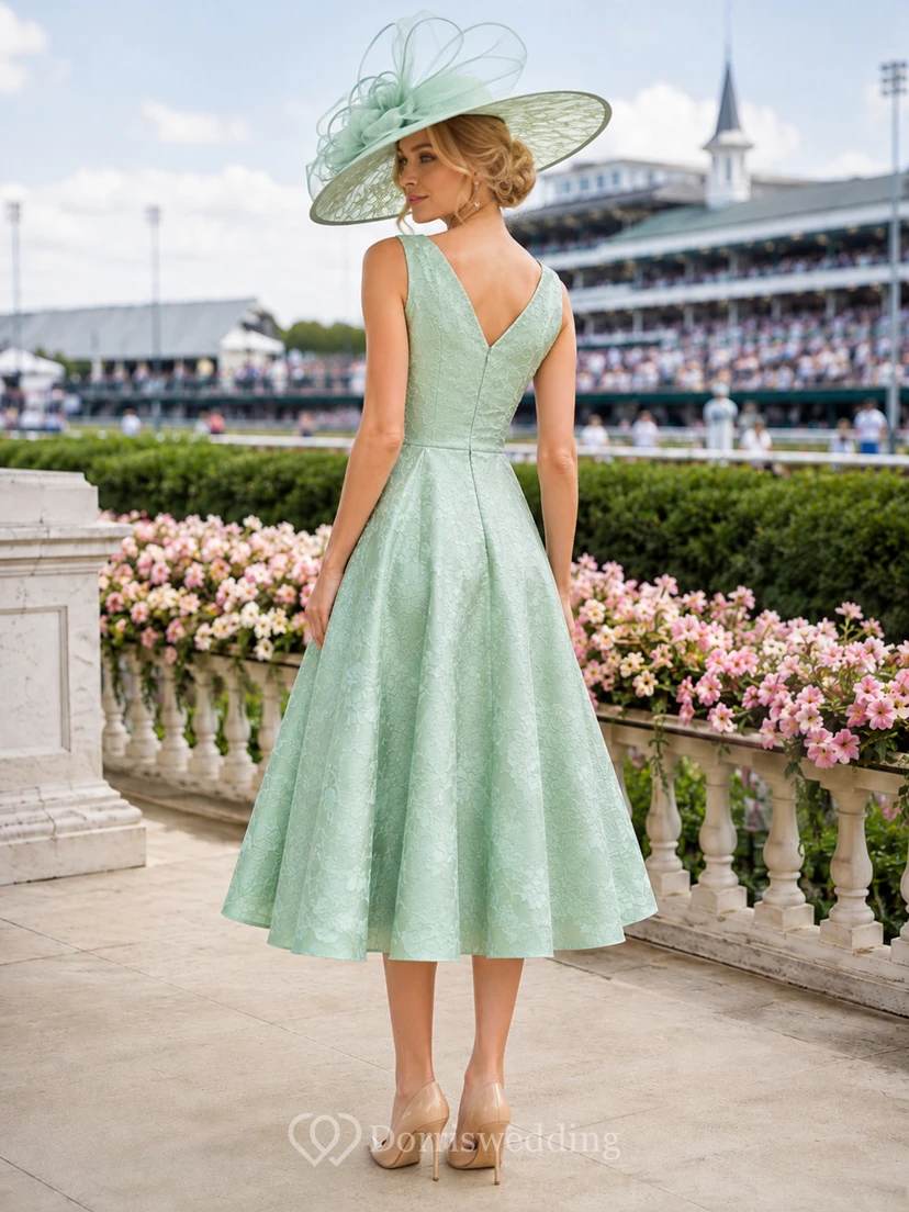 Vestido Derby vintage de satén con escote en V, sin mangas, de encaje y corte en A, largo hasta la rodilla, color menta. view 2