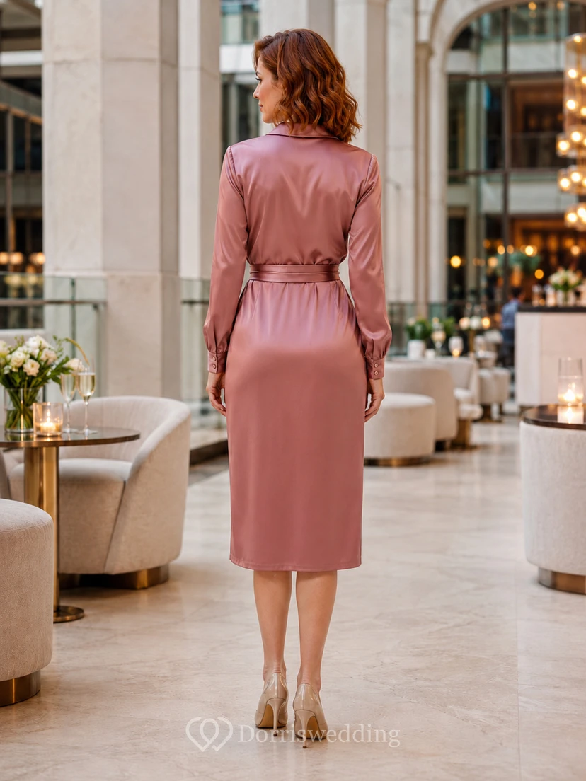 Vestido de satén rosa empolvado de manga larga con cinturón para eventos sociales. view 2