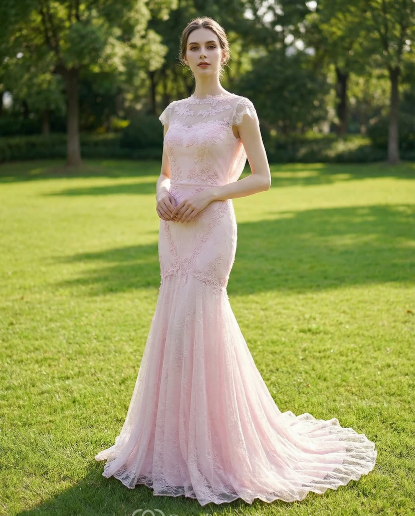 Robe sirène en dentelle dos nu avec traîne.