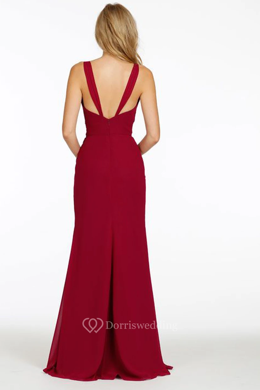 Sheath Maxi Sleeveless Side-Draped V-Neck Chiffon Bridesmaid Dress With Straps view 2