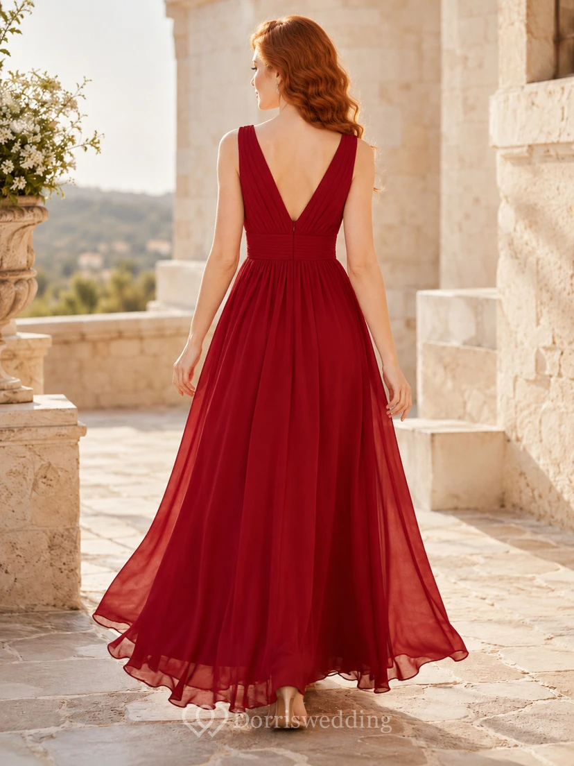 Vestido de noche de gasa roja con escote en V y corte en A view 2
