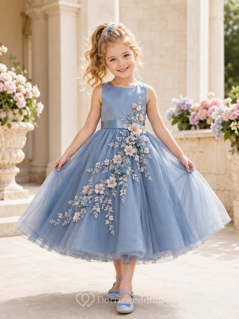 Slate Blue Cascading Floral Flower Girl Dress with Sleeveless Tulle A-Line, Bow Back, Applique Trail, and Tea-Length Skirt