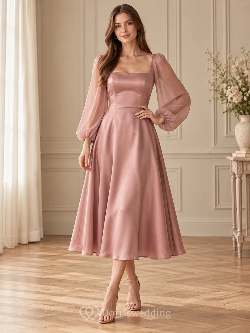 Long Sleeve Square Neck Dusty Rose Satin Midi Formal Dress