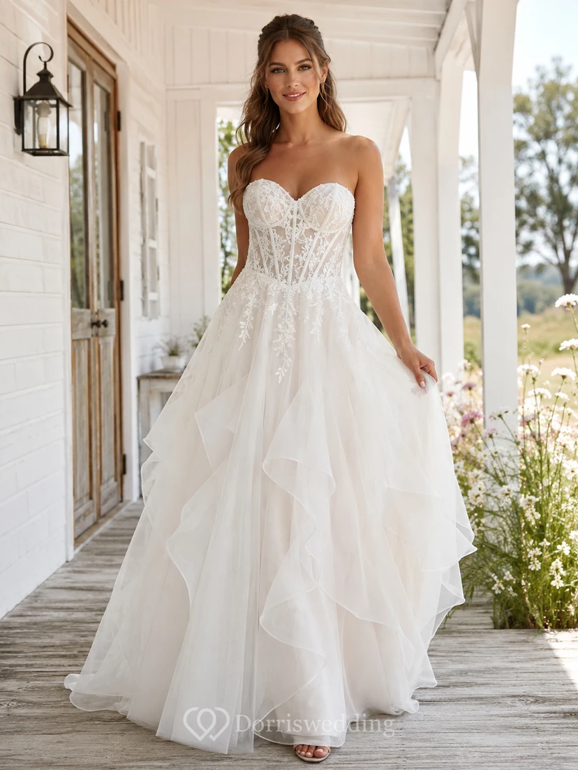 Robe de mariée longue trapèze en organza superposé, bustier cœur, style champêtre, bustier bustier, corset, à encolure en A.