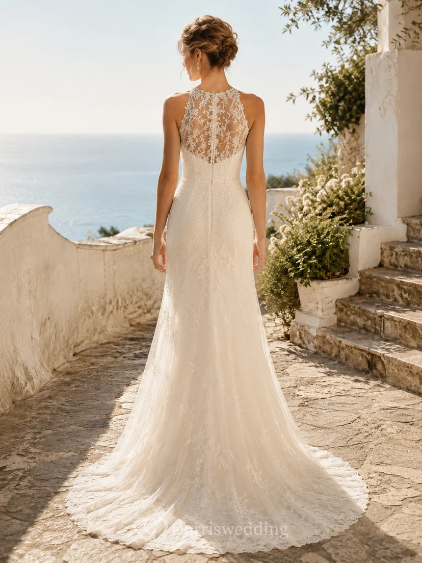 Robe de mariée élégante en dentelle transparente, col montant, sans manches, fourreau, traîne, applications florales, dos illusion view 2