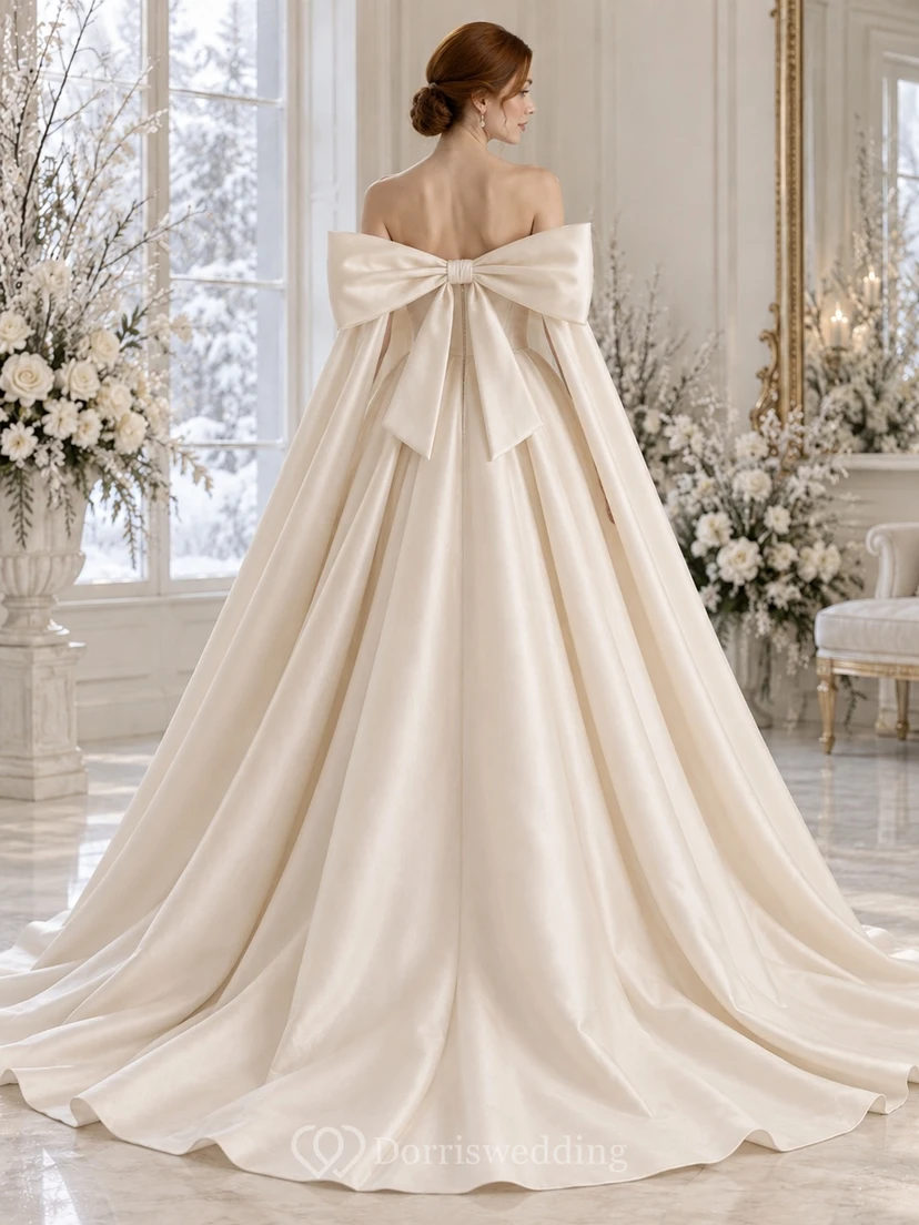 Vestido de novia de invierno con corpiño de satén con paneles y hombros descubiertos, lazo trasero y capa, corte en A. view 2