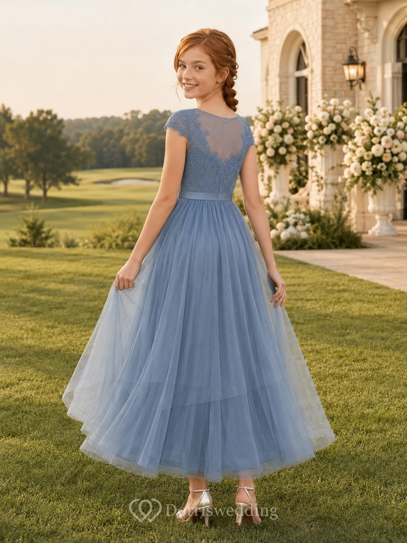 Mintgrünes Brautjungfernkleid für junge Mädchen, A-Linie, V-Ausschnitt, kurze Blütenblattärmel, elegant view 2