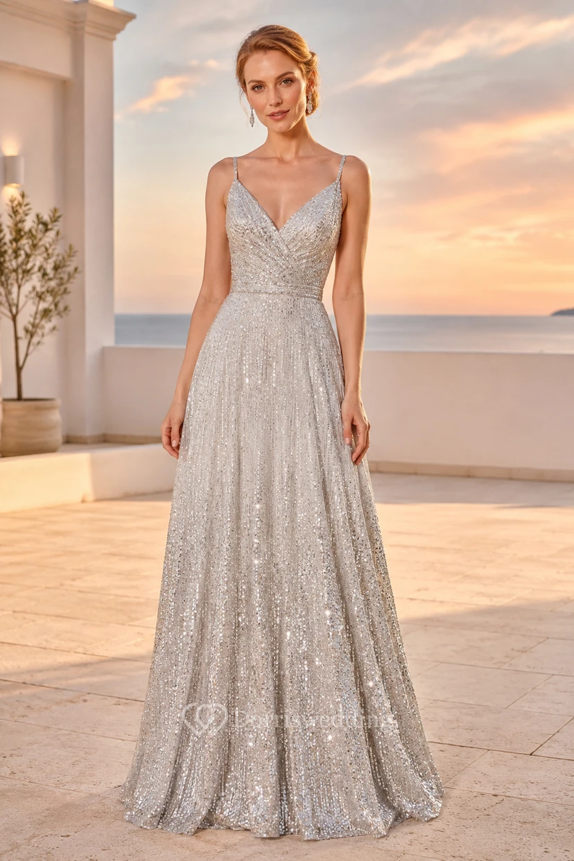 Evening Gown Silver Sequin Tulle A-Line V-Neck Sleeveless Floor Length