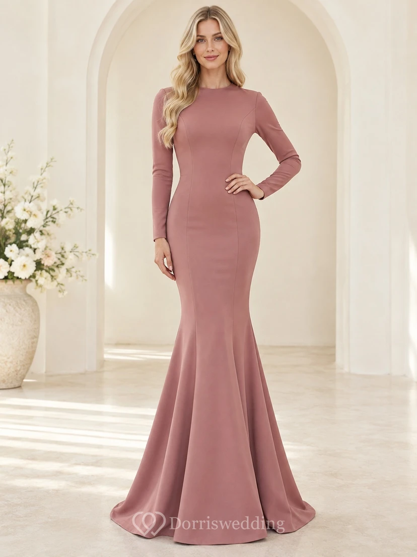Robe sirène rose poudré simple et modeste à manches longues et col rond, style modeste.