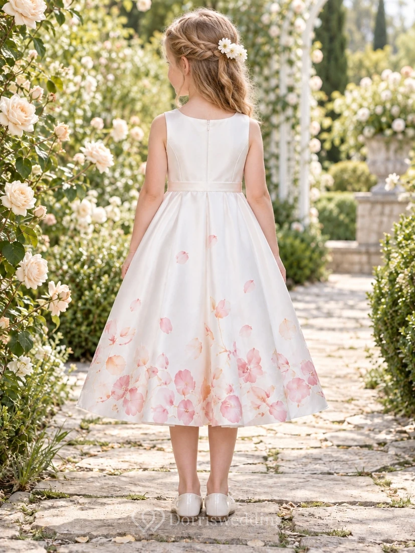 Tea-length White Floral Sleeveless Jewel Neck Watercolor Satin Flower Girl Dress view 2