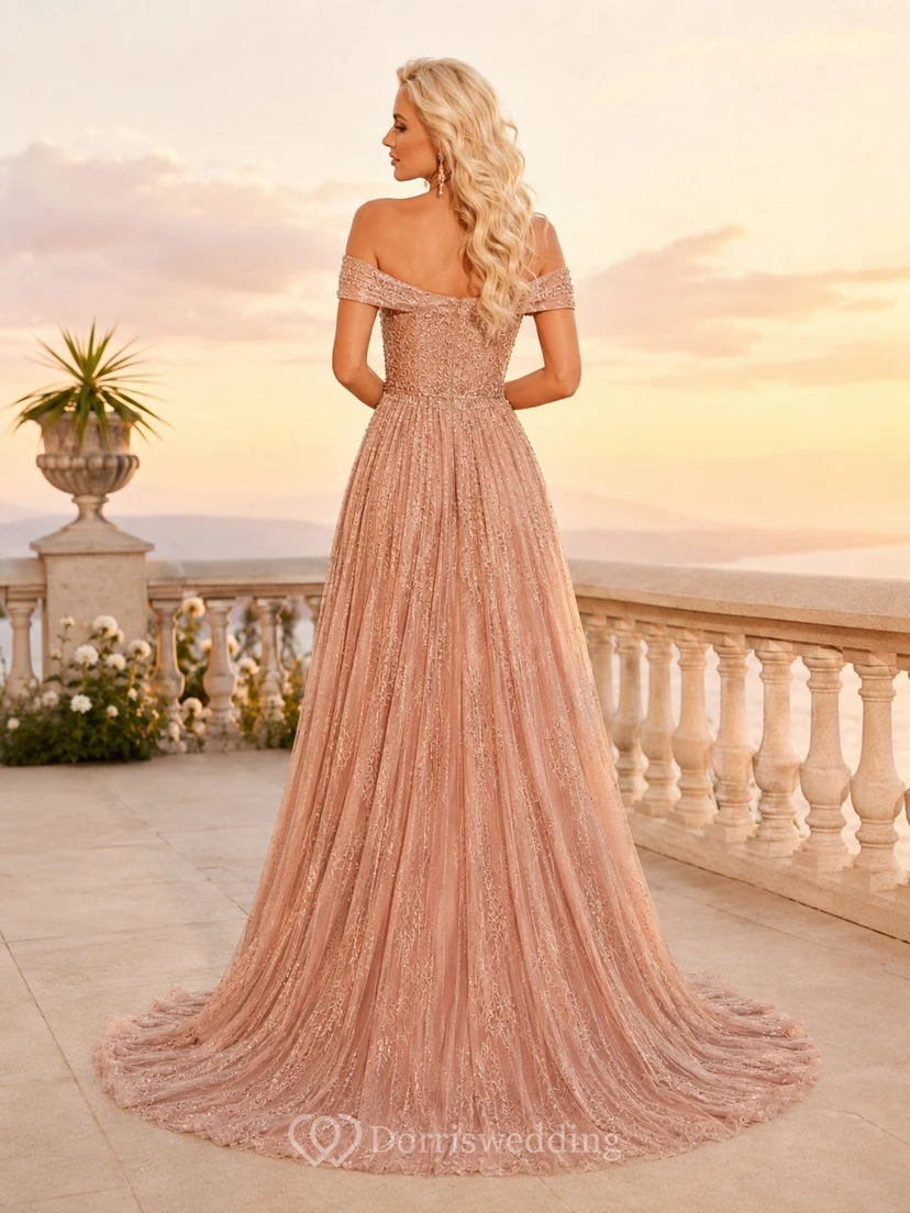 Rose Gold Off Shoulder Pleated Chiffon Romantic Evening Gown view 2