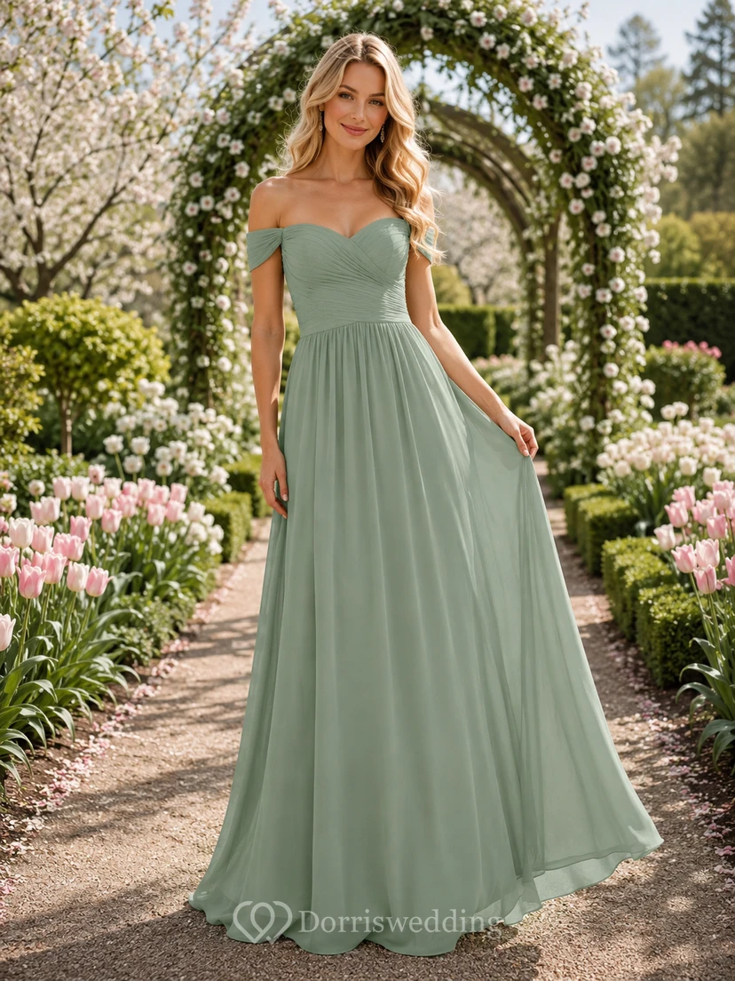 Sage Spring Garden A-Line Chiffon Bridesmaid Dress with Off-Shoulder Sweetheart Short Sleeve Bodice, Pleated Floor-Length Skirt and Zipper Back