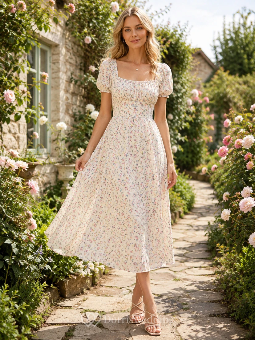 Ditsy Floral Square Neck Puff Sleeve Midi Dress