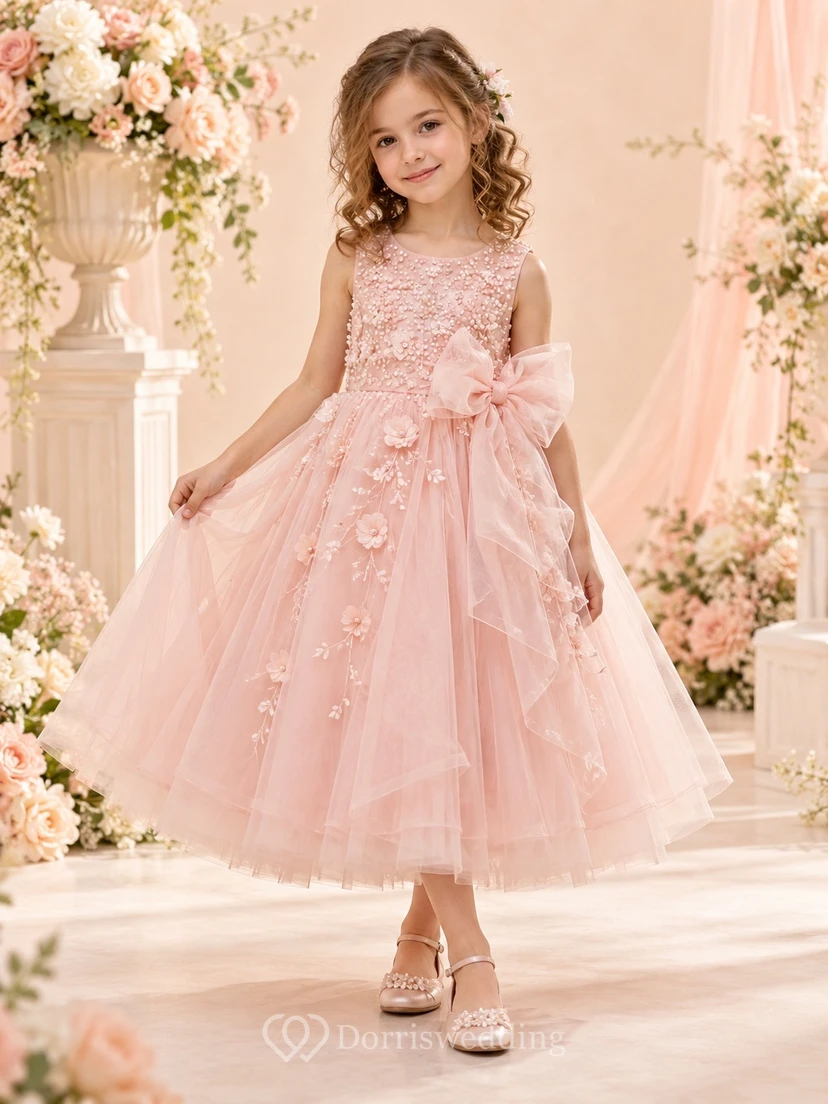 Blushing Pink Floral Beaded Bow Tiered Tea-length Flower Girl Dress